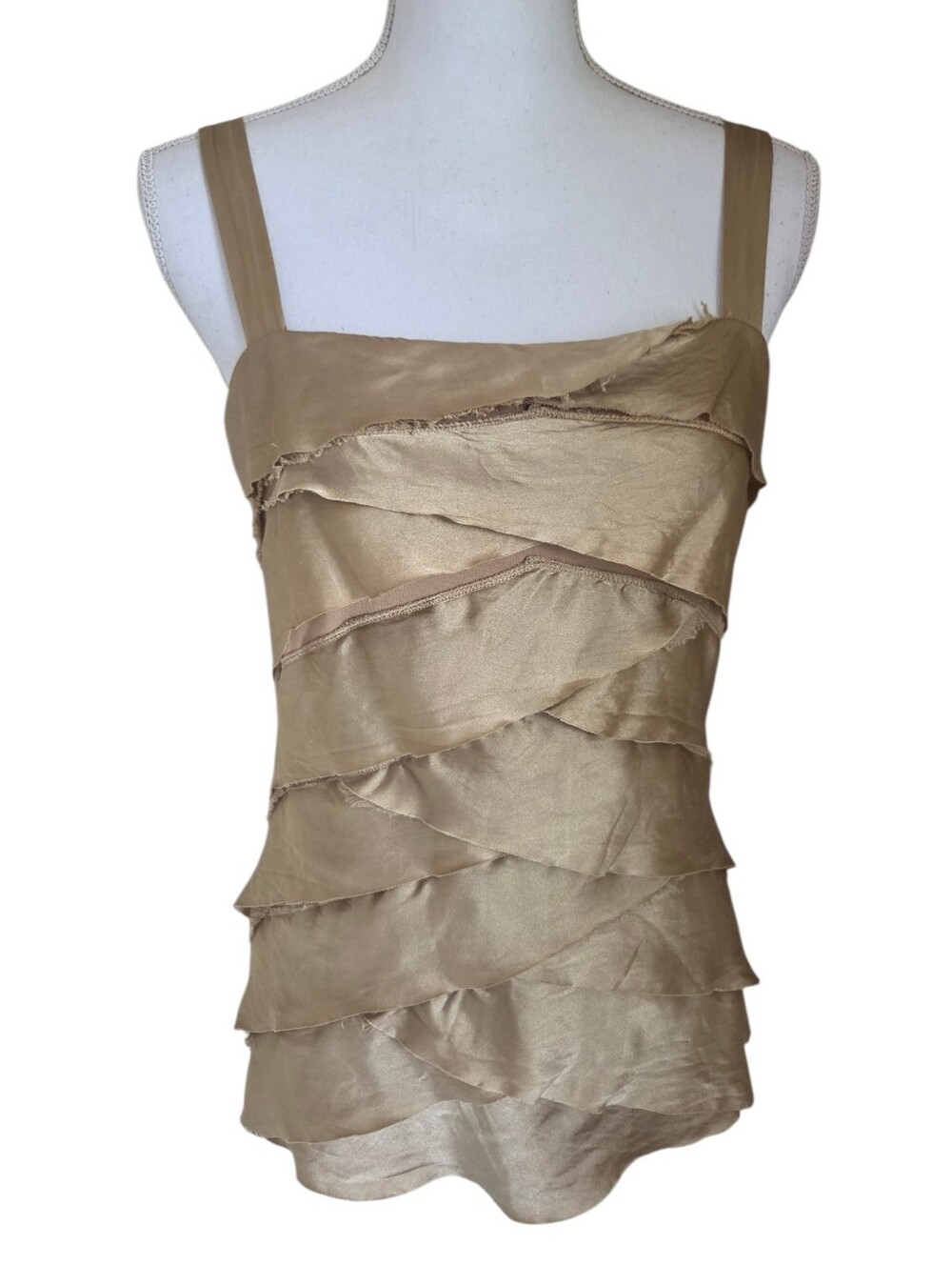 vintage cache 100% silk gold tan tiered ruffle raw edge camisole tank top medium